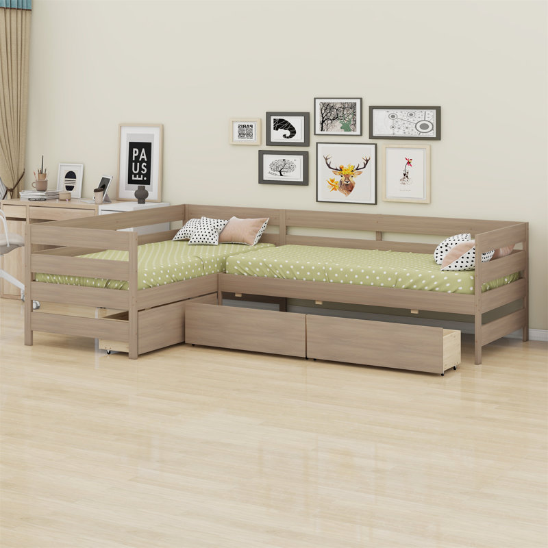 Lit plateforme en L avec trois tiroirs de rangement, Naturel