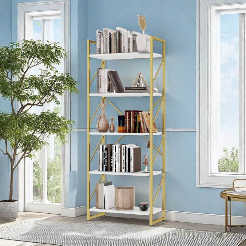 Bibliothèque moderne 5 niveaux, Doré / Blanc, H 62,2 po x l 23,58 po x P 11,81 po