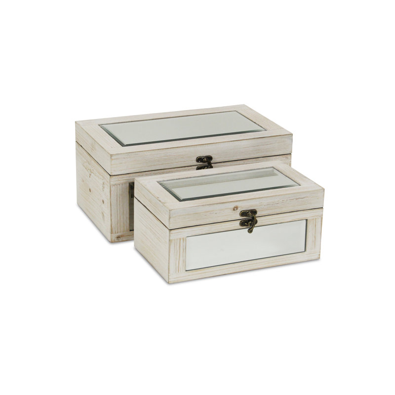 Ensemble de 2 boîtes en bois lavé, Blanc délavé