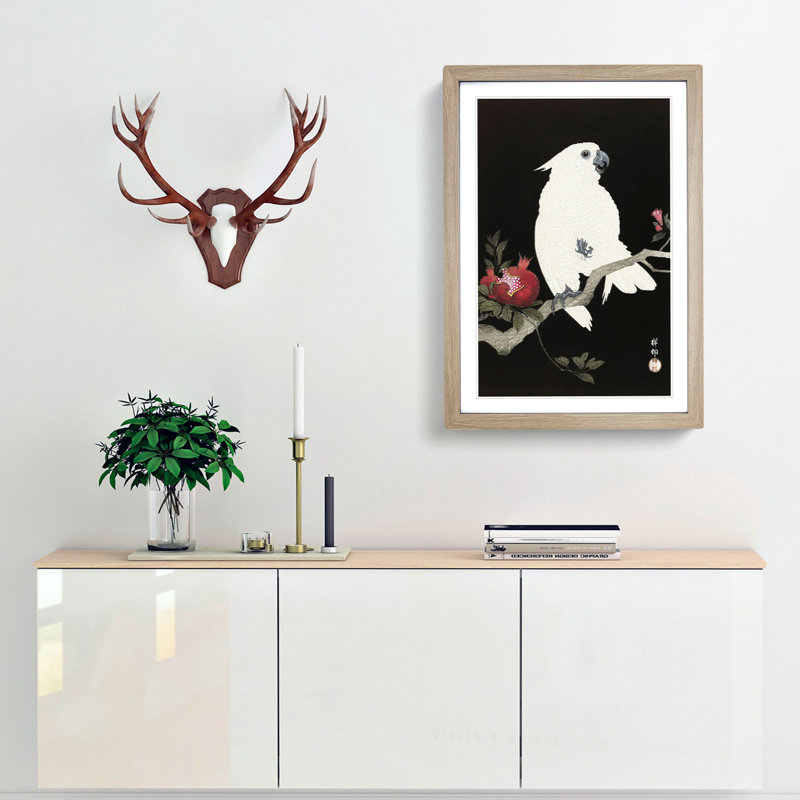 Cockatoo and Pomegranate by Ohara Koson - Picture Frame Painting Print, 36cm H x 27cm W x 2cm D, Oak Framed