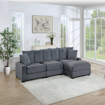 Contemporary Dark Gray 4pc Modular Sectional Set Corduroy Couch Laf & Raf Chairs Armless Chair Ottoman Living Room Furniture