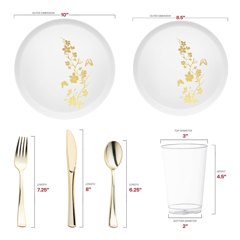 White with Gold Floral Plastic Wedding Value Set - 30 Settings