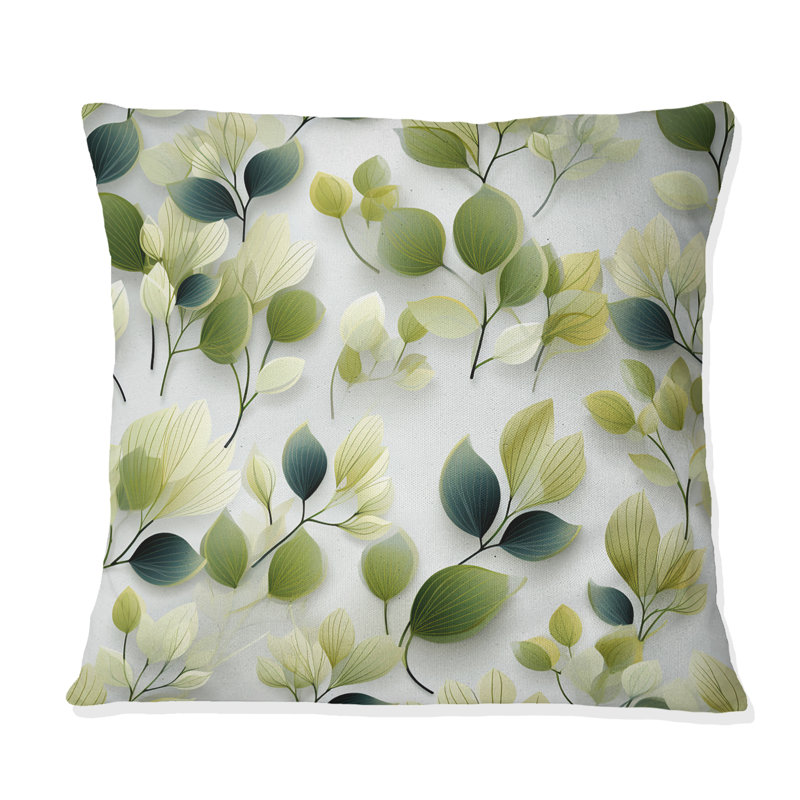 Blanc et vert feuilles de wasabi - Coussin décoratif imprimé de plantes, H 16 po x l 16 po