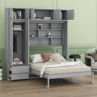 Lit escamotable mural avec armoire supérieure, tablettes et garde-robe, lit pliable peu encombrant