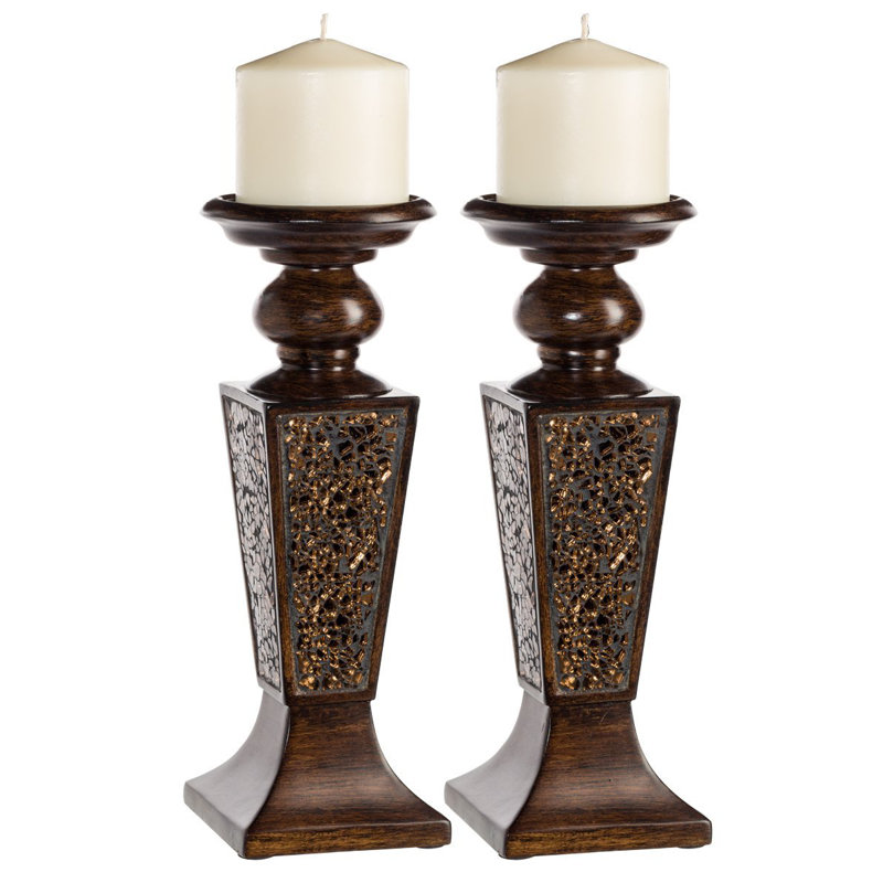Decorative Polyresin Crackled Mosaic Candlestick, Walnut
