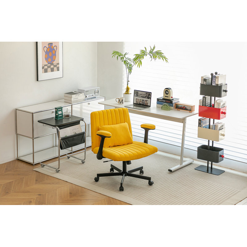 Chaise de bureau jaune avec accoudoirs croisés en lin jaune avec roulettes - ergonomique pour le bureau personnel, le travail et les études