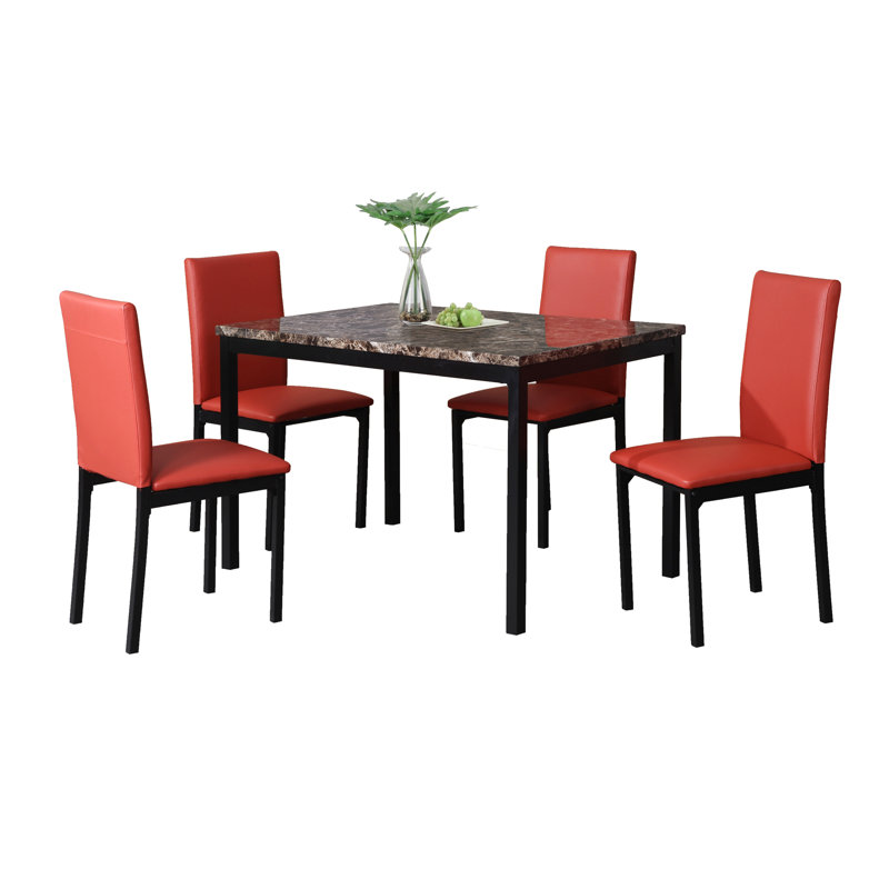 5-Piece Metal Dinette Set With Laminated Faux Marble Top, 4 Chairs, Red/Black, 30"H x 48"L x 30"W, Black