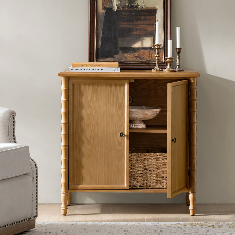 Lucious Transitional 32''W 2-Door Transitional Storage Curved Cabinet with Classic Spindle Legs and Cable Management, Oak