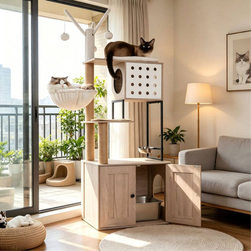 Arbre à chat gris avec bac à litière, condo pour chat moderne avec poteaux à griffer, bol d'alimentation et bâtons de pompons amovibles