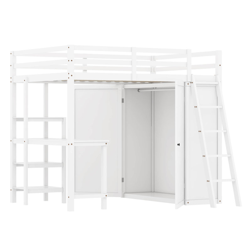 Lit mezzanine avec penderie et bureau Hayah, Double, Blanc