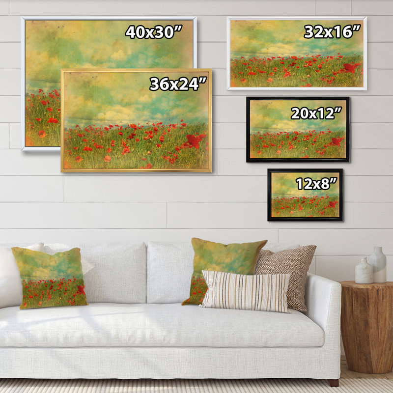 «Red Poppies Fields with Grungy», reproduction sur toile, H 16 po x l 32 po x P 1 po, Cadre flottant noir