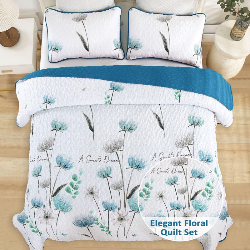 3 Pieces Floral Quilt Set Lightweight Farmhouse Style Coverlet Sets For All Season, Teal, King Quilt + 2 King Shams