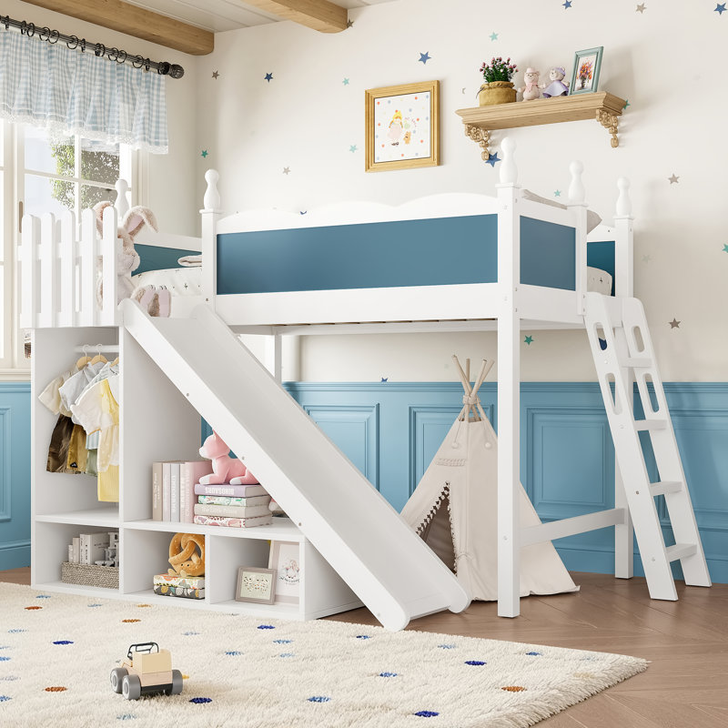 Twin Solid Wood Loft Bed with Storage, Wardrobe, Detachable Slide & Ladder, Blue + White, Twin, Blue/White