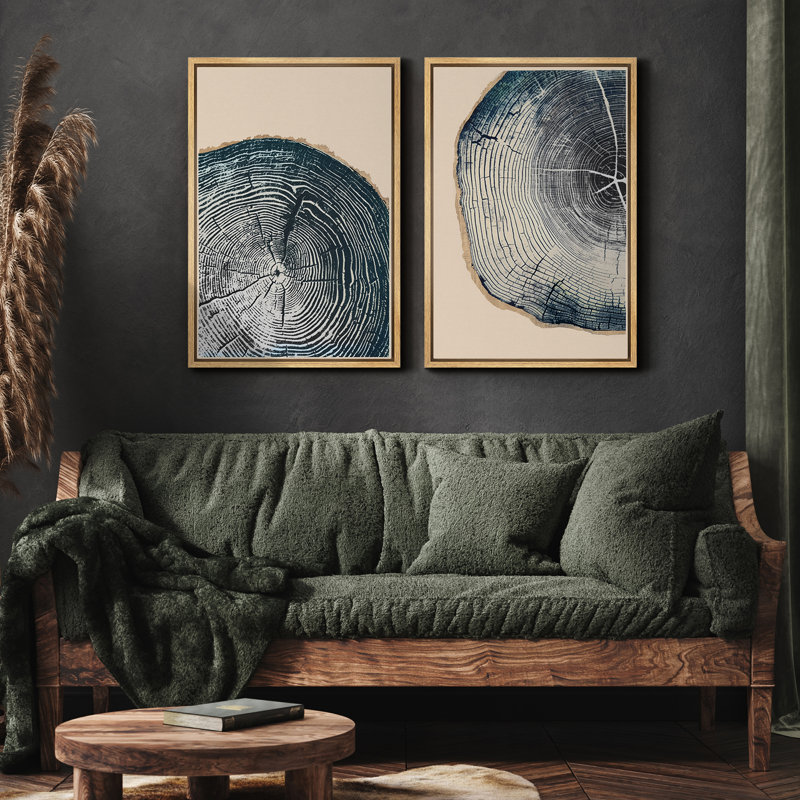 Navy Blue Wood Tree Ring Simple Minimalist Modern Artwork Framed Canvas 2 Pieces Print Wall Art, 48" W x 36" H