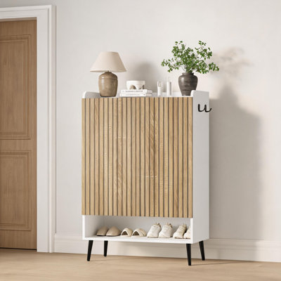 Grande armoire à chaussures à 6 niveaux avec portes et tablettes réglables, range-chaussures autoportant pour 25 paires et plus, entrée, couloir, salon, beige et blanc