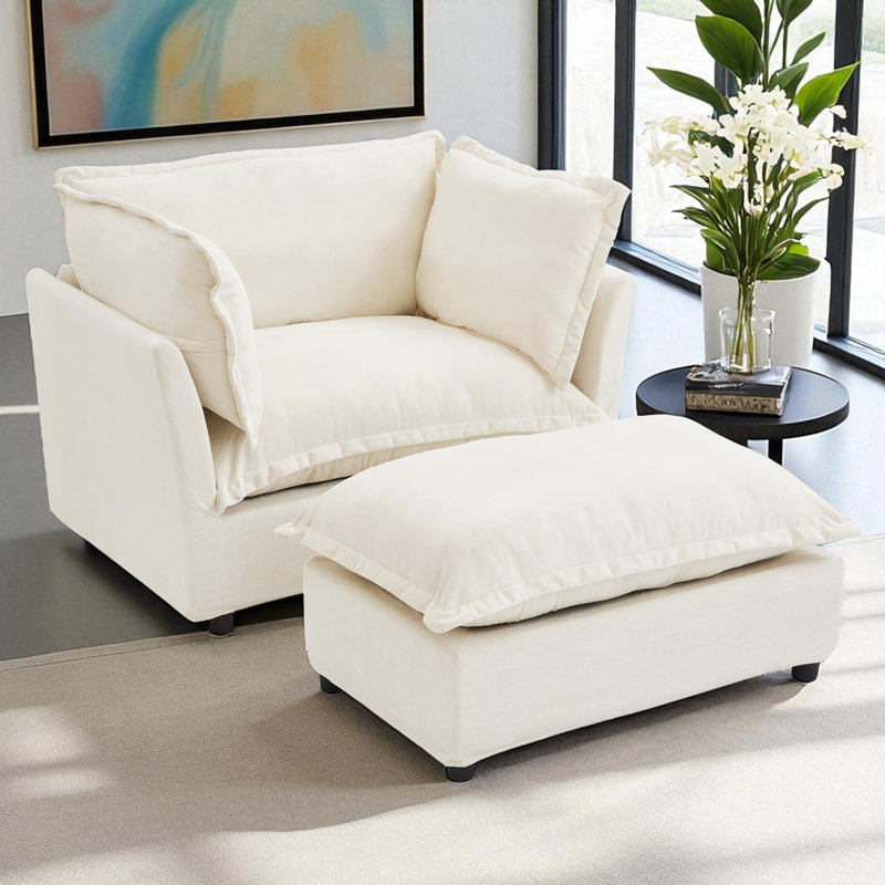 Upholstered Accent Chair With Ottoman, Beige