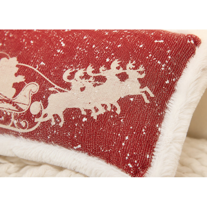  Oreiller de Noël en forme de traîneau et de rennes avec bordure en fausse fourrure, motif neige, 10 po x 20 po