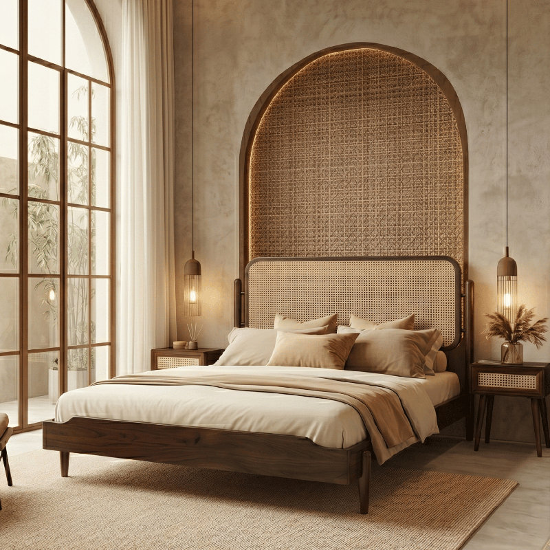 Ariston Queen Platform Bed with Handwoven Natural Rattan Headboard – Walnut Veneer, Solid American Walnut Legs, Relaxed Luxury Design, Silent Slats, Effortless Assembly, Queen – Dark Walnut