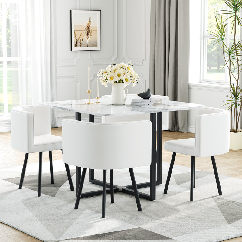 5-Piece Faux Marble Dining Set, 40" Marble Pattern Tabletop with 4 Upholstered Triangle Faux Leather Dining Chairs and Black Metal Legs