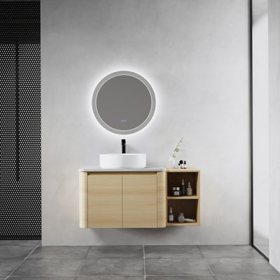 Meuble-lavabo mural de 42 po avec lavabo d'art en céramique, tablettes de rangement et portes à fermeture en douceur, idéal pour les salles de bain modernes