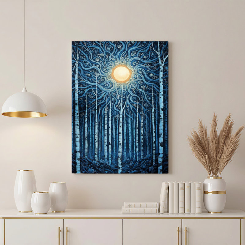 Ensemble de 1 tableau sur toile tendue représentant une forêt de bouleaux bleus au clair de lune, 1624