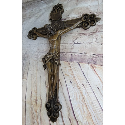 Wall Mount Hanging Bronze Crucifix Sculpture Jesus On Cross Christian Decor 20 Inches X 14 Inches