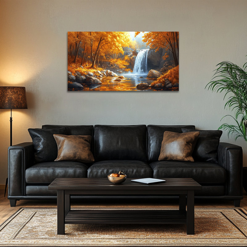 Art mural grand paysage d'automne - Scène de cascade d'automne, reproduction d'art sur toile encadrée, 30 x 60 po