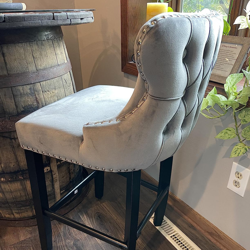 Velvet Upholstered Solid Wood Kitchen Bar Stools  (Set of 6), Gray