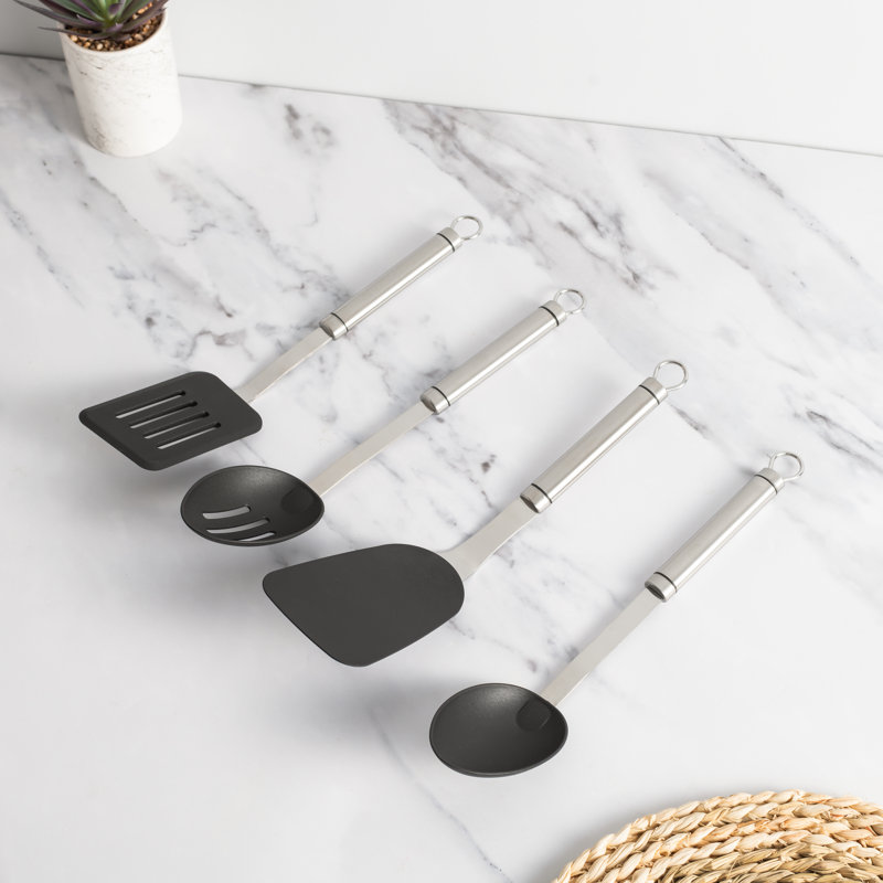 KitchenCraft Oval Handled Professional Stainless Steel Kitchen Utensils, 4pc Set Including Slotted Turner, Cooking Spoon, Slotted Spoon and Flexible Turner