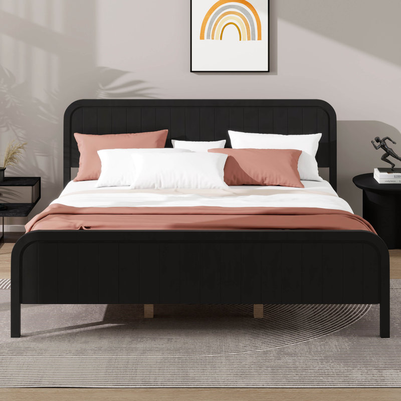Lit plateforme en bois avec tête de lit, cadre de lit en bois avec support en lattes de bois, King, Black