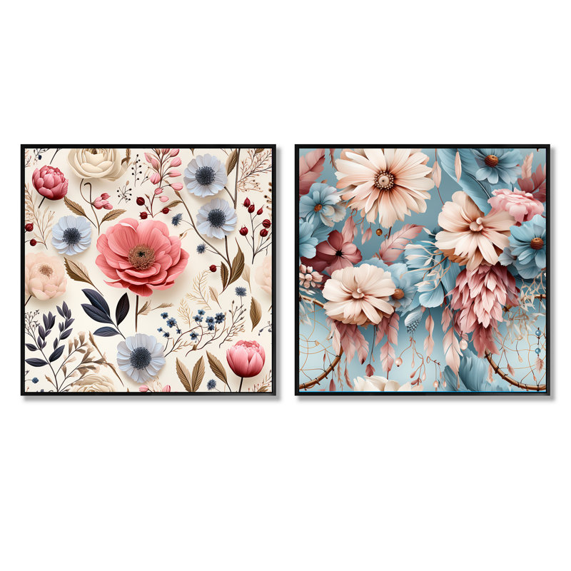 Arda - Ensemble de 2 collages carrés floraux, Cadre flottant noir, H 16 po x l 33 po