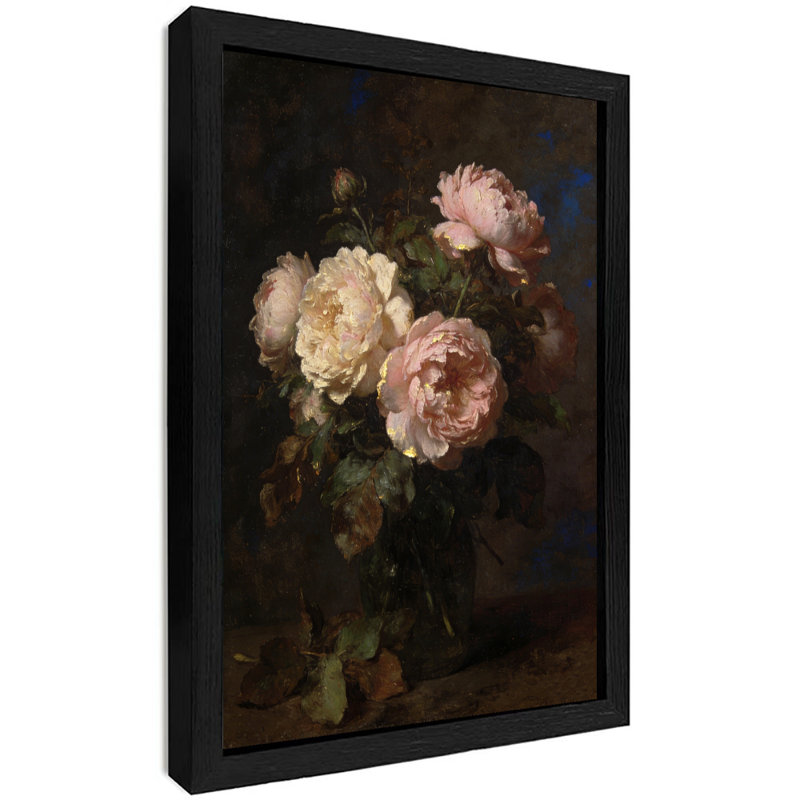 Reproduction d'art encadrée noire avec pivoines rétro, H 37 po x l 25 po