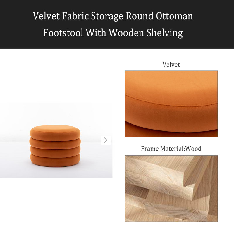Repose-pieds rond avec rangement en tissu, Velours orange