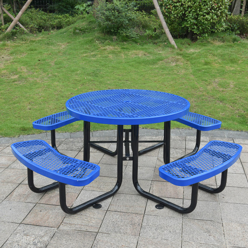 Table de pique-nique ronde en acier 46 po avec mât de parasol, Bleu