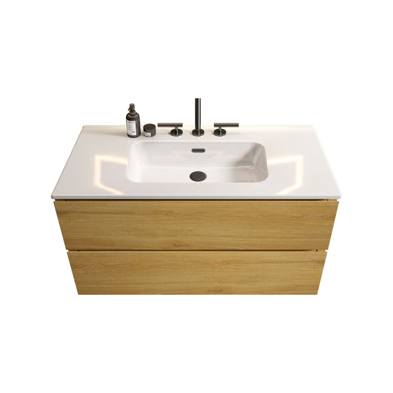 36"Wall Mounted Bathroom Vanity with Ceramic Sink, Oak