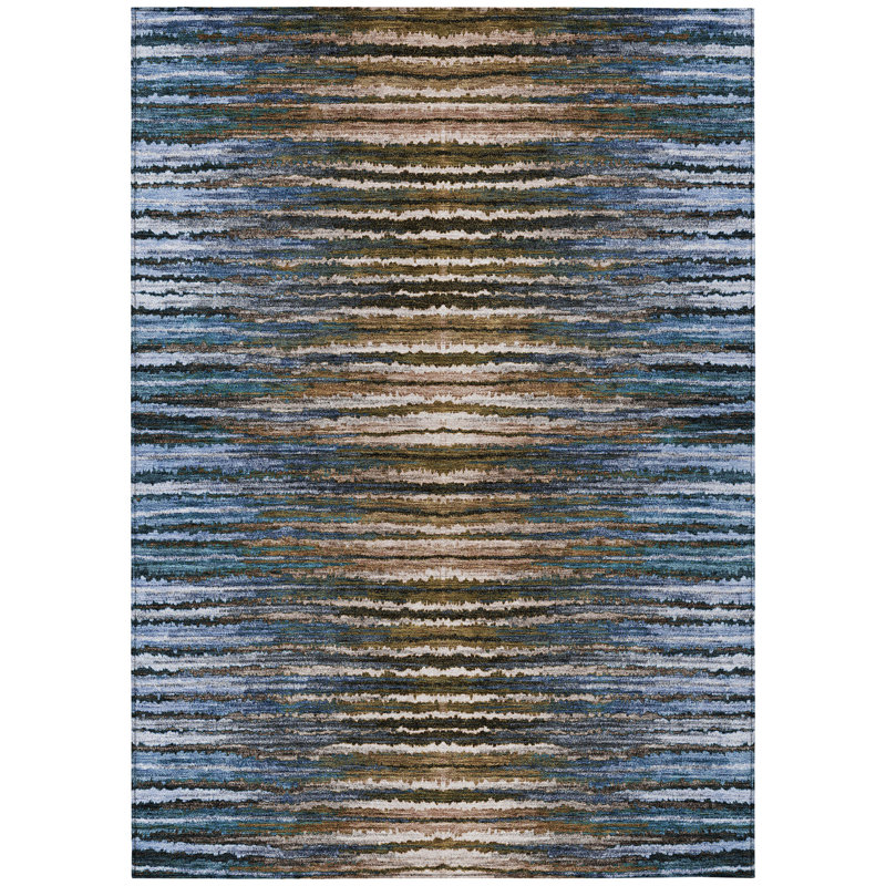 3' X 5' Blue Brown And Sky Blue Striped Washable Indoor Outdoor Area Rug