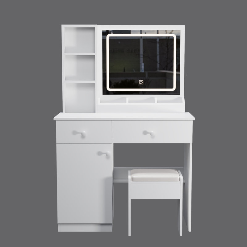 Fashionable White Vanity Desk With LED Lights – 3 Adjustable Color Modes, 2 Drawers, Side Shelves, And Power Outlet
