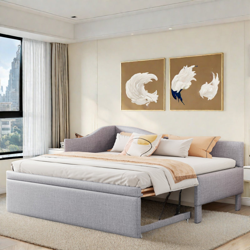 Upholstered L-shaped Upholstered Daybed With Pop Up Trundle, Gray