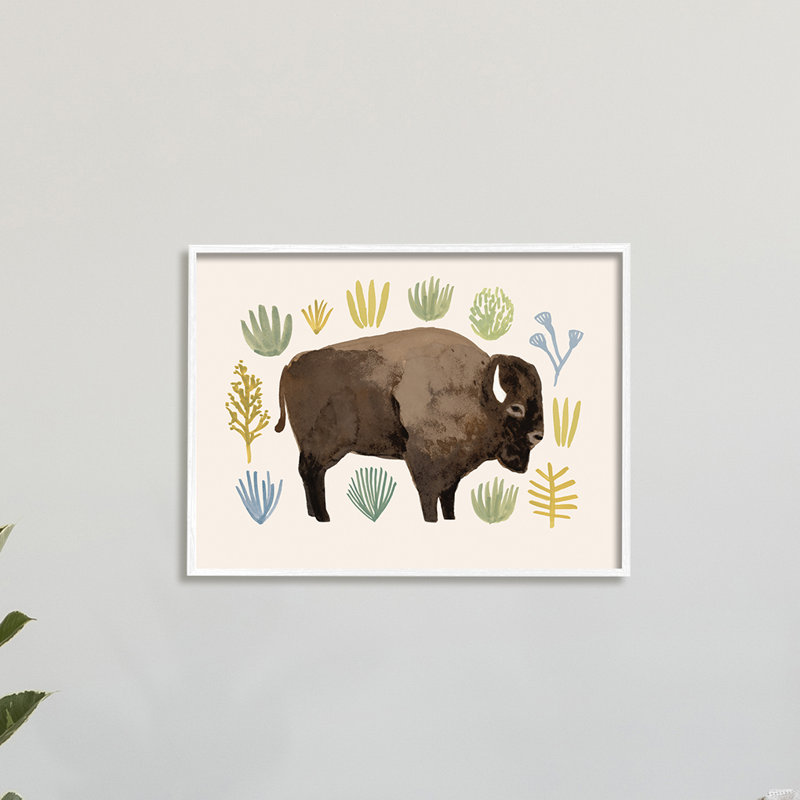 Buffle à cornes brun vert terre cuite, Giclée encadrée noir minuit, H 24 po x l 30 po