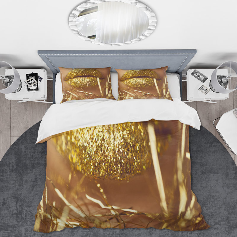 Golden Woman Lips - ensemble de housse de couette moderne - microfibre de polyester