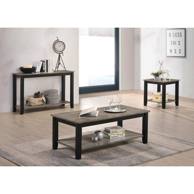 Gray / Black 3Pc Table Set Under-Table Shelf Storage Living Room Furniture 1X Coffee 1X End 1X Console Table Walnut Veneer Top