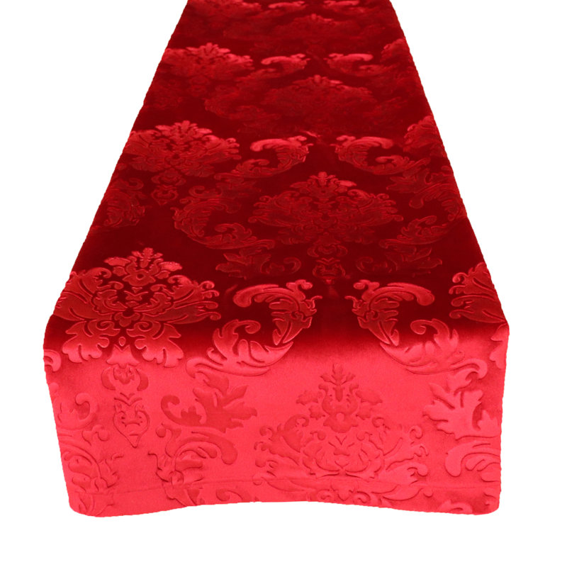 Velvet Damask Table Runner, 72" x 12", Red