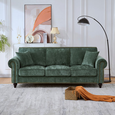 Canapé 86 po moderne à 3 places avec accoudoirs roulés, canapé rembourré en chenille avec pieds en bois et garniture cloutée pour salon, appartement (VERT)