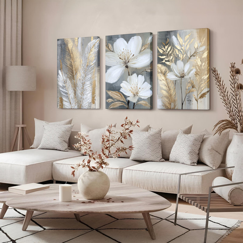 Or et blanc, art mural sur toile tendue à motif floral abstrait (ensemble de 3), H 30 po x l 60 po