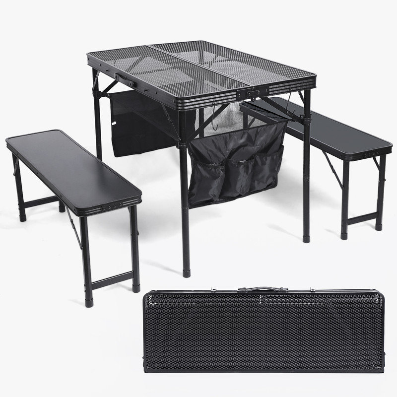 Black Foldable Outdoor Picnic Table Set with Mesh Net