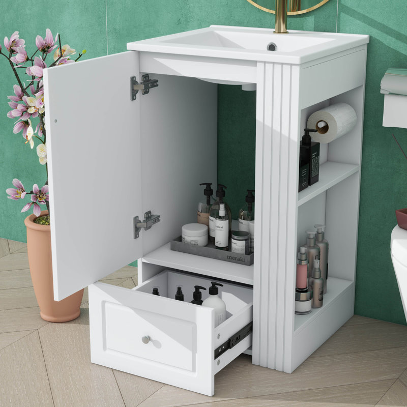Meuble-lavabo autoportant de 20 pouces avec lavabo en céramique, conception à un trou de robinet, armoire avec tiroir à fermeture en douceur et tablettes latérales ouvertes avec barre à serviettes