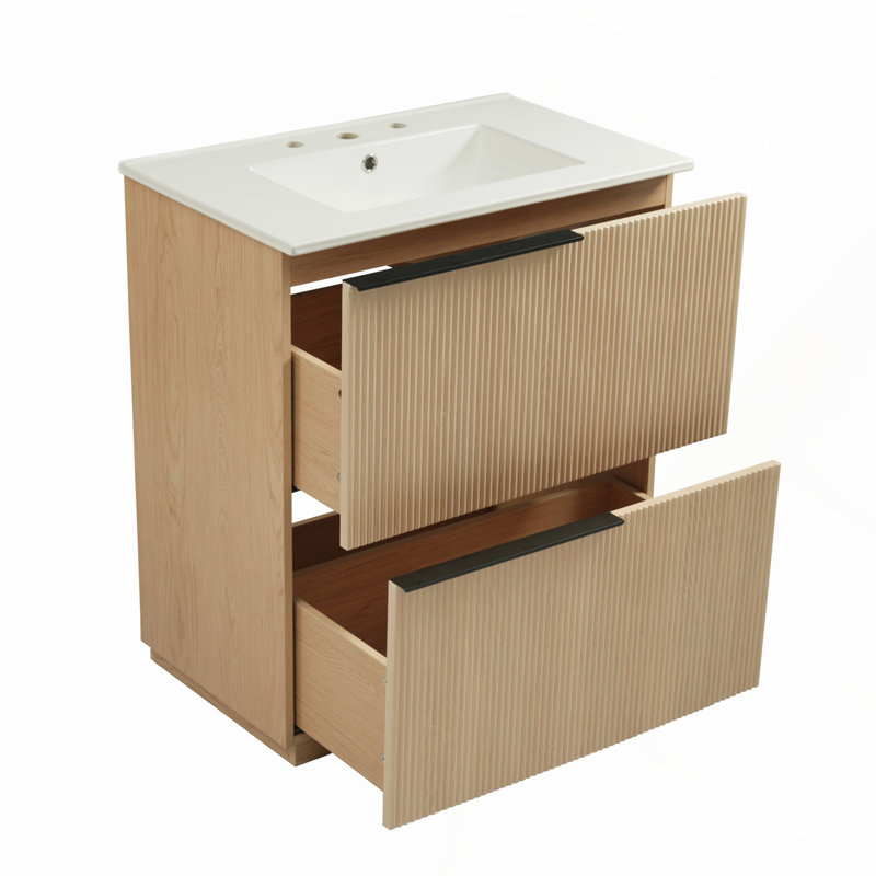 Meuble-lavabo mural 24 po avec lavabo et tiroirs en céramique, conception cannelée moderne, Naturel