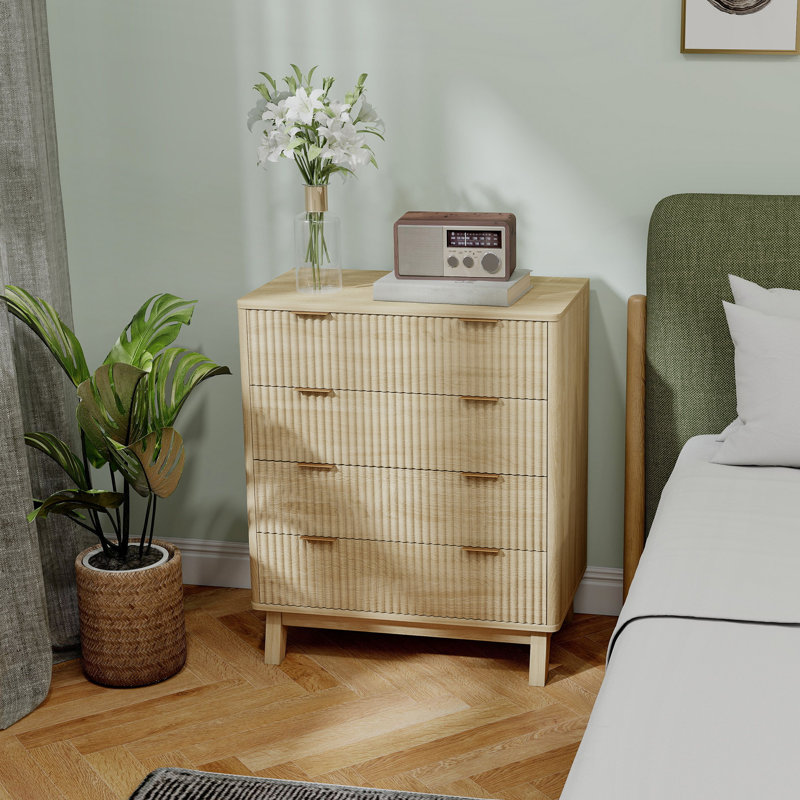 Fluted Dresser for Bedroom with 4 Drawers, 28" Wide Chest of Drawers with Gold Finger Pulls and 4 Wood Legs, Natural Wood