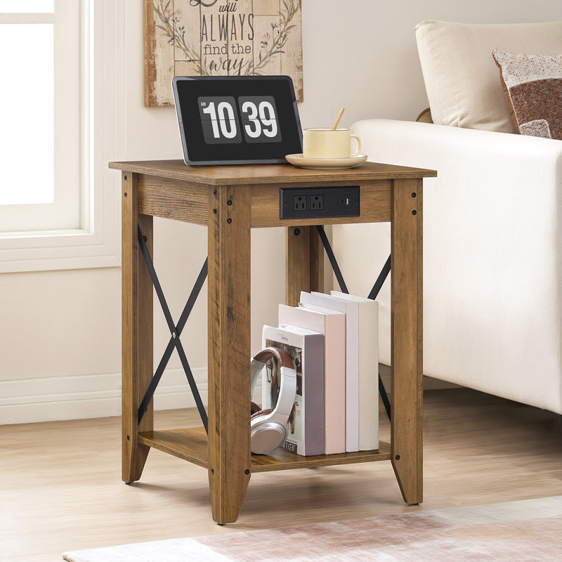 23.6'' Tall End Table with Charging Station, Knotty Oak