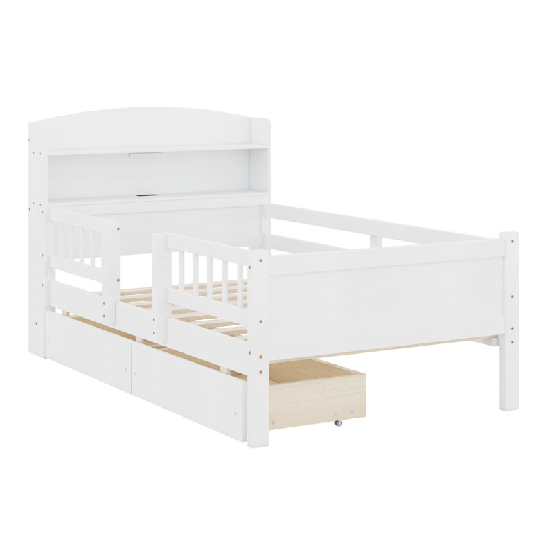 Wood Platform Bed With Built-In LED Light, Multi-Functional Headboard, Guardrail And 2 Drawers, White